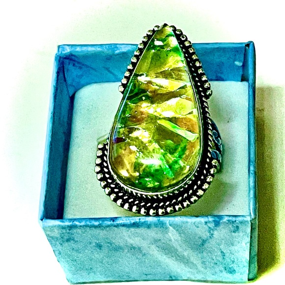 New 925 Sterling Silver Green Yellow Triplet Opalite Artisten Tear Drop Ring - Picture 8 of 17